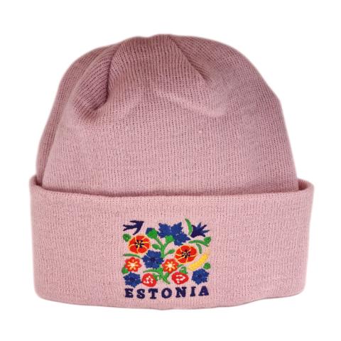 Kootud müts lilledega - roosa