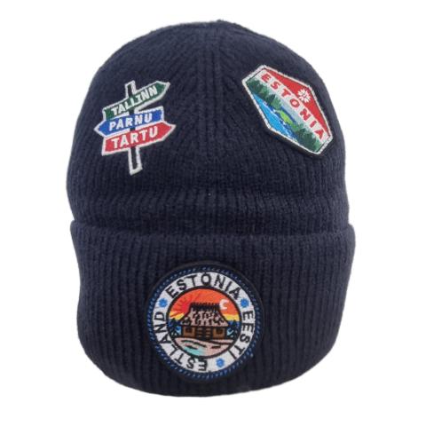 Kootud müts embleemidega - sinine